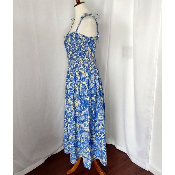 J.Crew Collection Dress Tie Shoulder Smocked Floral Cotton Poplin Blue Yellow Su - Picture 5 of 13